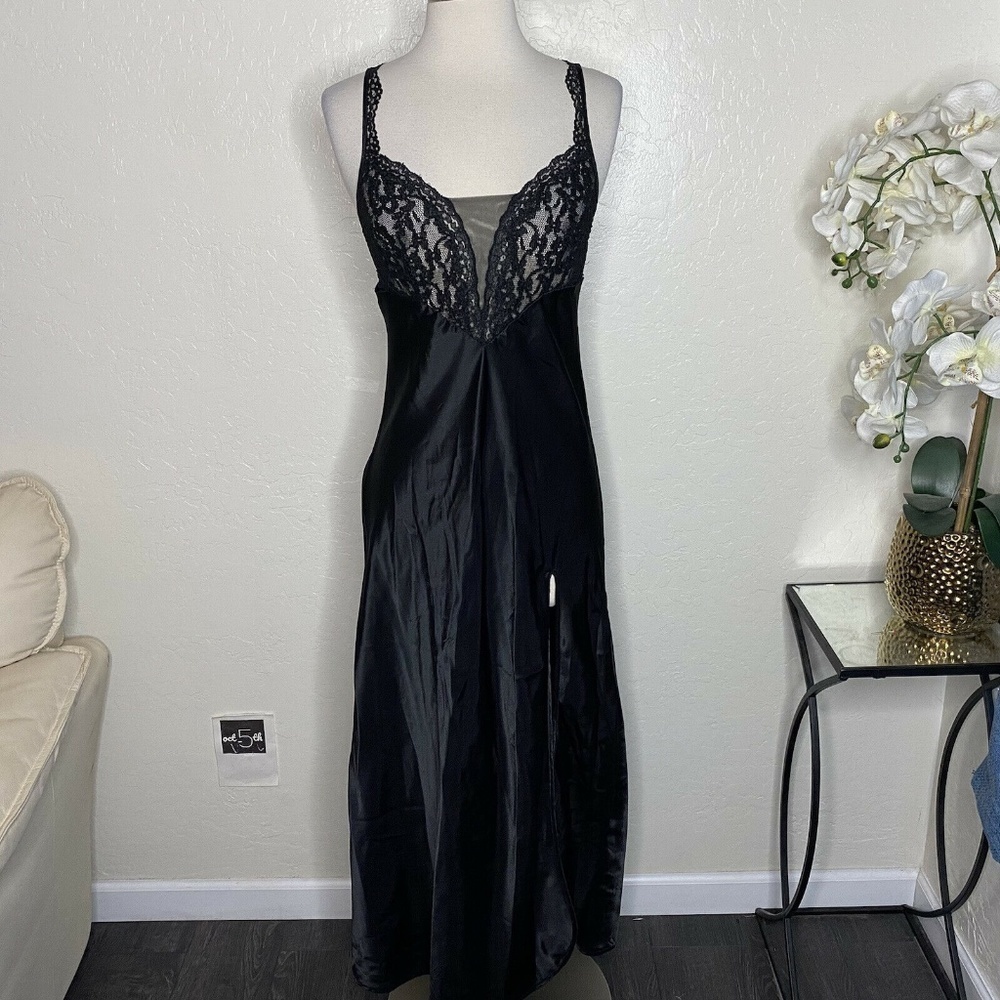 VTG Victoria's Secret Gold Label Satin Long Nightgown Slip Black SLITS Size P